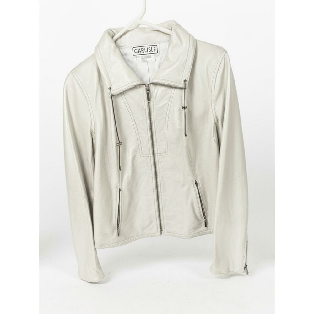 Carlisle Metallic Silver Leather Moto Jacket Women’s Size 8 Luxe Designer Style